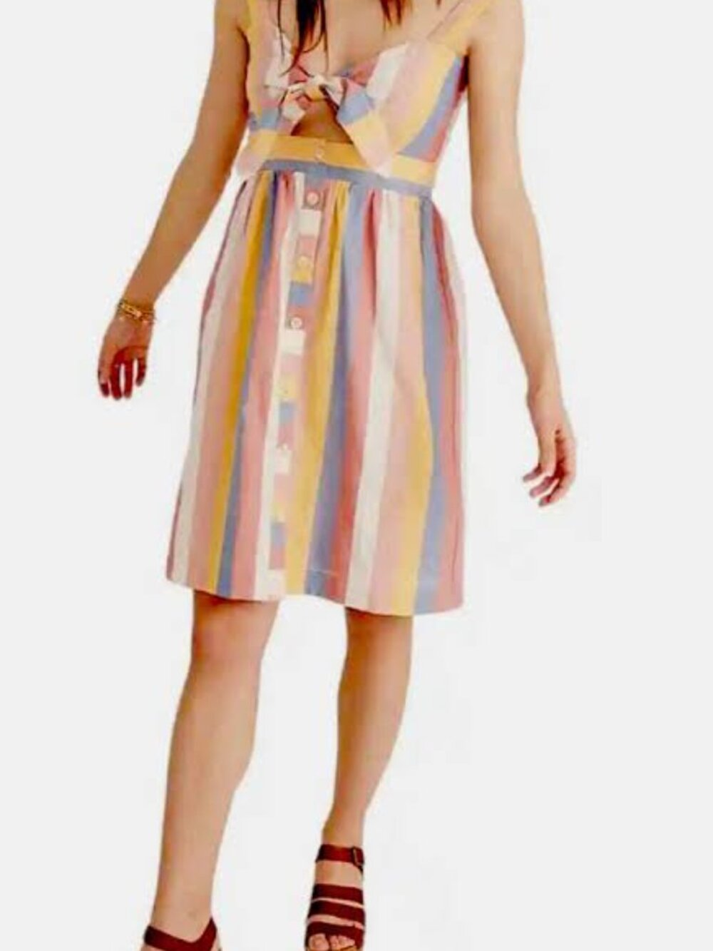 Madewell Tie-Front Cutout Sundress Sherbet Stripe Pastel Button Front Size 00